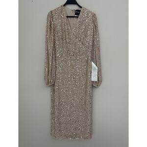 New Mac Duggal Nude Long Sleeve Sequined V-Neck Evening Dress 10764 Size 6